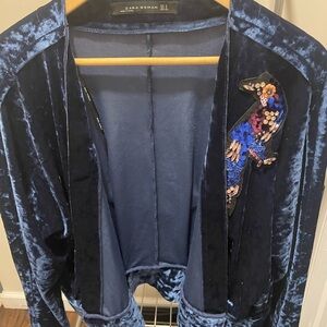 Zara Navy Velvet Blazer with Sequin Bird